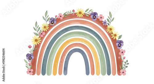 Whimsical watercolor rainbow arch decorated with wildflowers