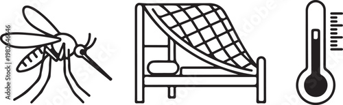 Mosquito bed net and thermometer icons representing malaria prevention Isolated on white background
