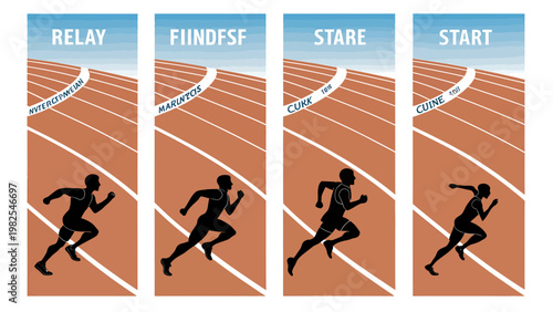 Four silhouette runners on track with relay find stare start signs