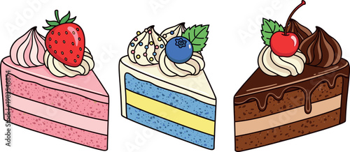 Cake Slice Collection Strawberry Blueberry Chocolate Dessert Sweet Bakery Vector Illustration Set