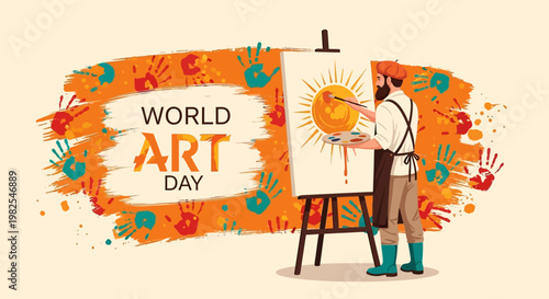 Male artist in orange beret painting World Art Day mural