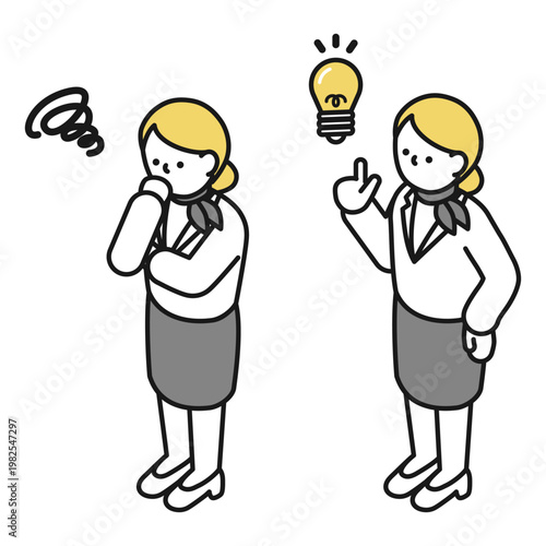アイソメトリックイラスト:アイデアを思いつく女性 考える女性(キャビンアテンダント)