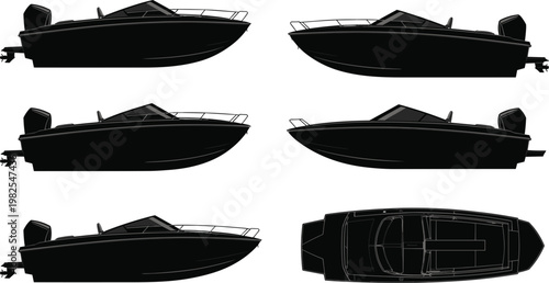 Black silhouettes of a modern speed boat from multiple angles on white background speedboat motorboat