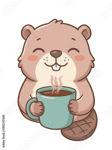 Cartoon beaver holding a mug.