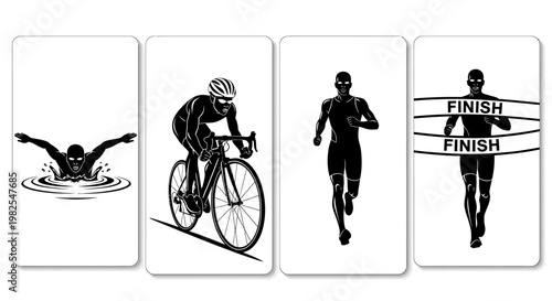 Triathlete in motion swimming cycling running and finishing black silhouette icons