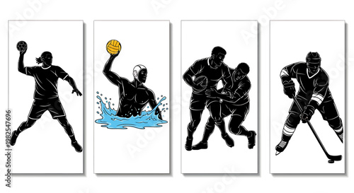 Four sport silhouettes athletic actions team sports fitness four panels white background