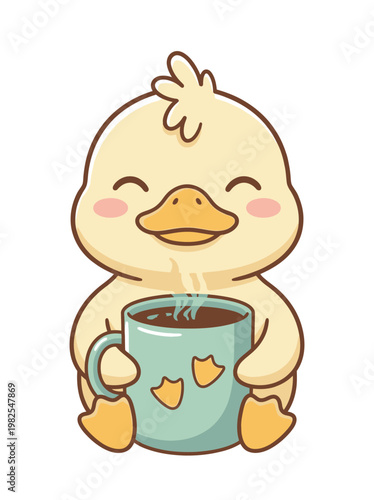 Smiling Cartoon Duck Holding Coffee Mug.