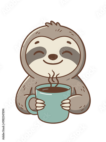 Sloth Holding Coffee Mug Smiling.