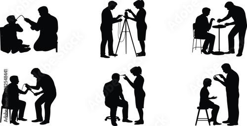 Silhouettes of medical professionals examining patients on white background doctor nurse