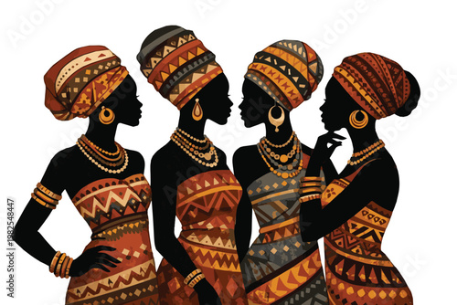 Vector artwork showing four African women in traditional ethnic attire, designed with vibrant patterns, graceful posture, and cultural elements that reflect identity and beauty.