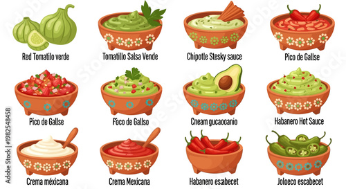 Colorful vector illustration of assorted Mexican salsas and dips on a white background, abstract modern digital art