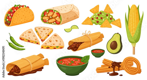 Colorful vector illustration of Mexican food, abstract modern digital art background with a variety of delicious dishes