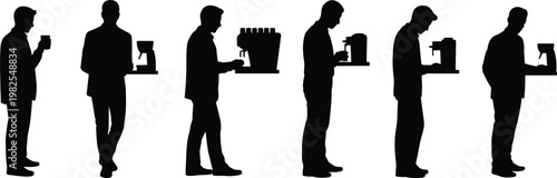 Silhouettes of men interacting with coffee machines and cups on white background male person