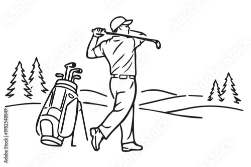 Clean line vector artwork of a man hitting a golf ball on a course, representing a professional sport and hobby, designed with simple lines and balanced visual style.