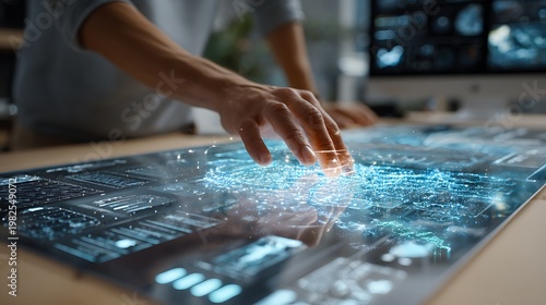 Business professional using futuristic transparent digital screen interface in modern office, artificial intelligence workflow automation concept, high tech workplace with copy space