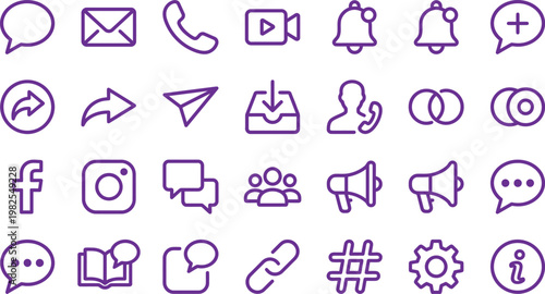 A collection of various purple linear social media interface icons for modern mobile application web design projects