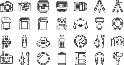 A set of black and white photography equipment icons featuring cameras, lenses, tripods and various technical accessories