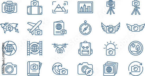 A comprehensive collection of photography and travel-related line icons, representing global adventures and creative media.