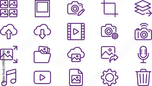 A collection of various purple linear icons representing media editing tools, file management tasks, and digital connectivity
