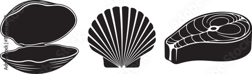 Seafood icons representing oyster scallop and fish steak during a culinary presentation isolated on white background