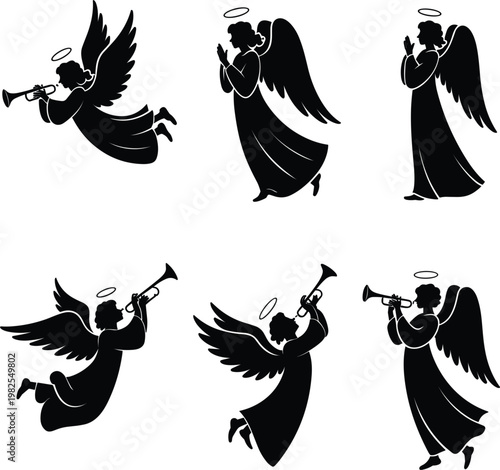 Fotografie Six Black Silhouettes of Angels with Wings and Halos Playing Trumpets and Prayin