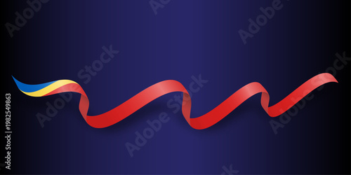 濃紺グラデーション背景にしなやかに波打つ赤いリボンが印象的な高級感あふれる抽象デザイン、イベントやセール告知に最適な背景素材