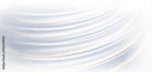 高級感のある白とシルバーの流線型バックグラウンド。シルクのような滑らかな質感と光の粒子が輝く、美容・コスメ・ブライダル向けの抽象背景ベクター素材