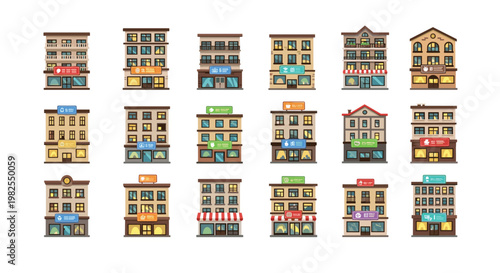 A diverse collection of eighteen multi-story storefront buildings is arranged in a neat grid on white featuring colorful signage and charming awnings.