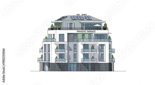 A contemporary white multi-story apartment building features lush green terrace plants and rooftop solar panels under bright daylight on a white background.