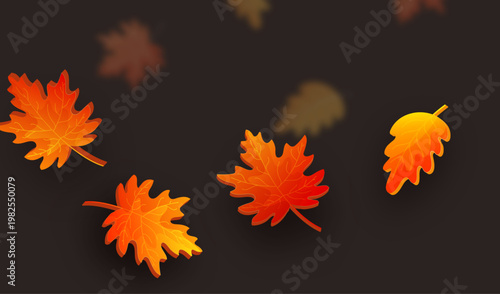 秋の季節を彩るオレンジと赤の紅葉が舞い落ちる温かみのあるダーク背景のナチュラル季節イラスト素材