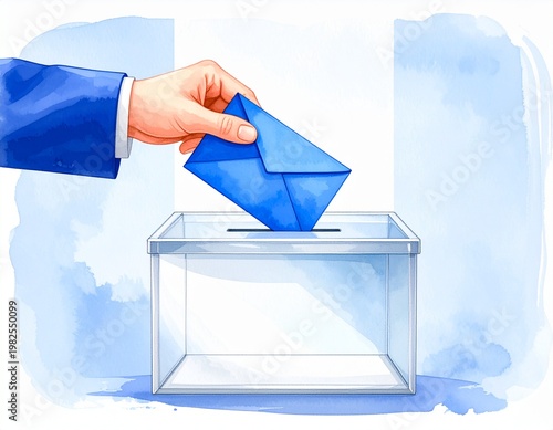 Watercolor style illustration of a hand voting in a transparent box