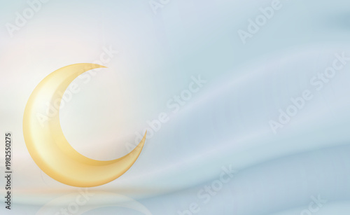 やわらかな光に包まれた黄金の三日月と淡いブルーグラデーションが広がる幻想的で癒し系の抽象背景素材