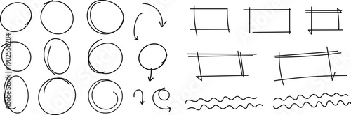 手描き風の円や楕円と四角形のラフスケッチ集、デザインラフや構図練習に使えるシンプルな線画素材セット