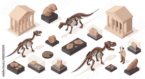Multiple articulated dinosaur skeletons and ancient fossils are displayed within a spacious museum gallery featuring classical architectural models and glass cases.