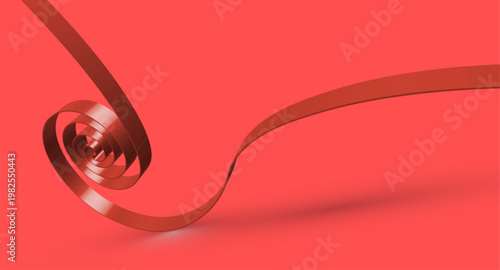 鮮やかな赤背景に巻き込まれるような渦巻き状のリボンがダイナミックに広がるエネルギッシュな3D抽象デザイン