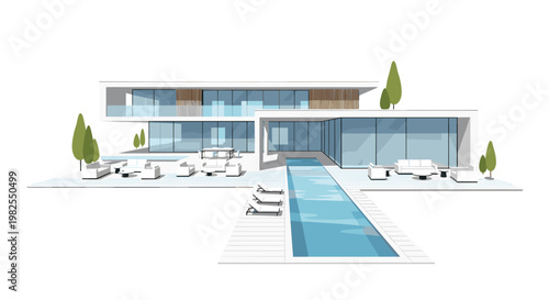 A wide modern luxury villa with extensive glass walls features a long rectangular swimming pool and elegant outdoor lounge furniture on a white deck.