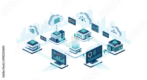 Meticulous isometric server blocks and glowing data connections integrate with floating cloud storage icons and vibrant holographic charts in a sleek digital environment.