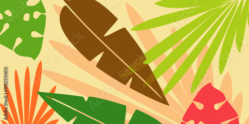 Leaves background with summer fun design concept, abstract illustration with exotic jungle leaves, colorful design, summer background, tropical leaves.Tropical leaf background, palm leaves, monstera