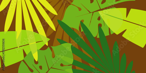 Leaves background with summer fun design concept, abstract illustration with exotic jungle leaves, colorful design, summer background, tropical leaves.Tropical leaf background, palm leaves, monstera
