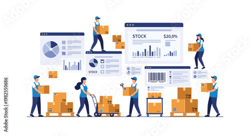 Several logistics workers in blue uniforms move cardboard boxes amidst floating digital dashboards displaying stock levels and warehouse data charts under bright office lights.