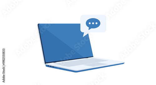 A sleek open blue laptop features a blank screen with a single white speech bubble containing three dots floating above the keyboard on white ground.