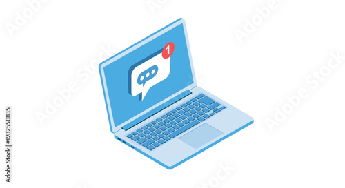 A light blue isometric laptop displays a prominent message notification icon with a red circle indicating one new unread message on the screen area.
