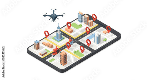 A black smartphone screen displays a detailed urban navigation map with red location markers while a delivery drone hovers above the city streets.