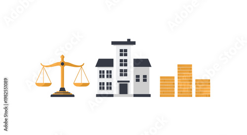 Three distinct icons for law and finance feature golden scales of justice a grey multi-story building and three stacks of shimmering gold coins against a white backdrop.