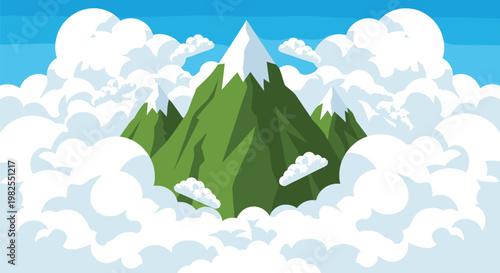 Three vibrant green mountain peaks with pristine white snow caps emerge from a dense layer of fluffy white clouds under a clear blue sky background.