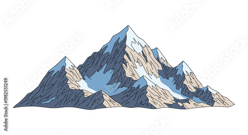 A majestic mountain range displays sharp angular peaks covered in pristine white snow and shaded with cool blue tones against a clean white background in clear air.