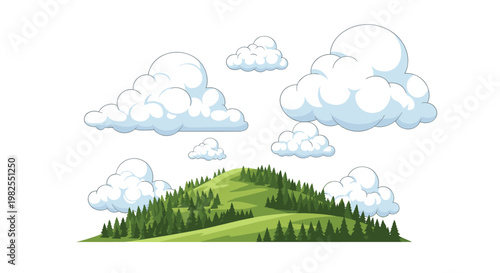 A vibrant rolling green hill covered in a dense forest of pine trees stands beneath several large fluffy white clouds on a clean white background.