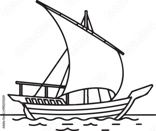 Traditional Dhow sailboat navigating calm waters during a clear day line art vector icon isolated on white background