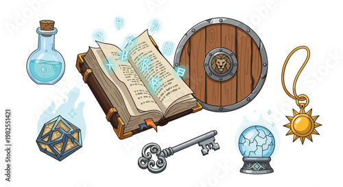 A collection of magical fantasy artifacts includes an open spellbook emitting glowing blue runes alongside a wooden shield a potion bottle and a crystal ball in soft glow.