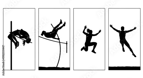 Athlete in motion four black silhouettes jumping and vaulting in sequence dynamic movement